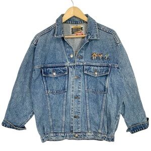 Vintage London Fog Bicycle Embroidered Denim Trucker Jean Jacket Size Large